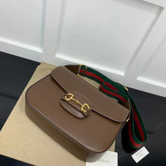 Gucci GG Unisex Horsebit 1955 Shoulder Bag Brown Leather Green Red Web