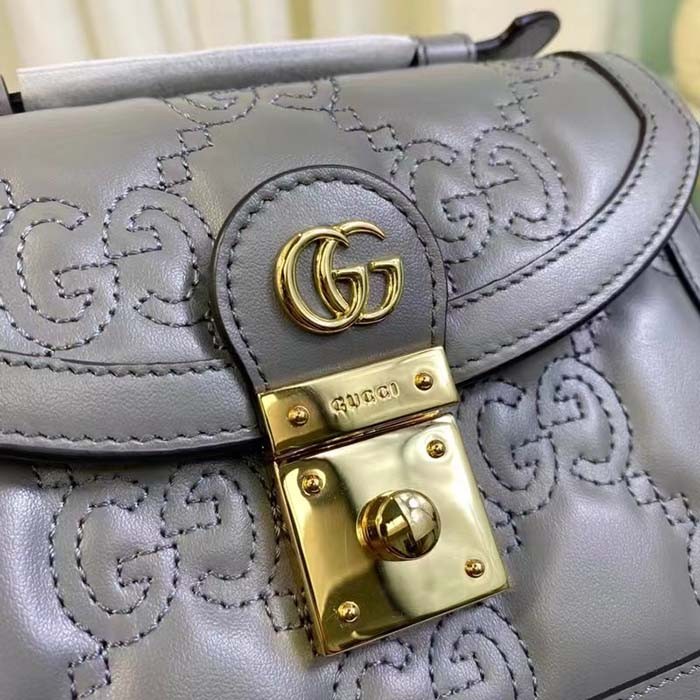 Gucci Women GG Matelassé Small Top Handle Bag Dusty Grey Leather Double G