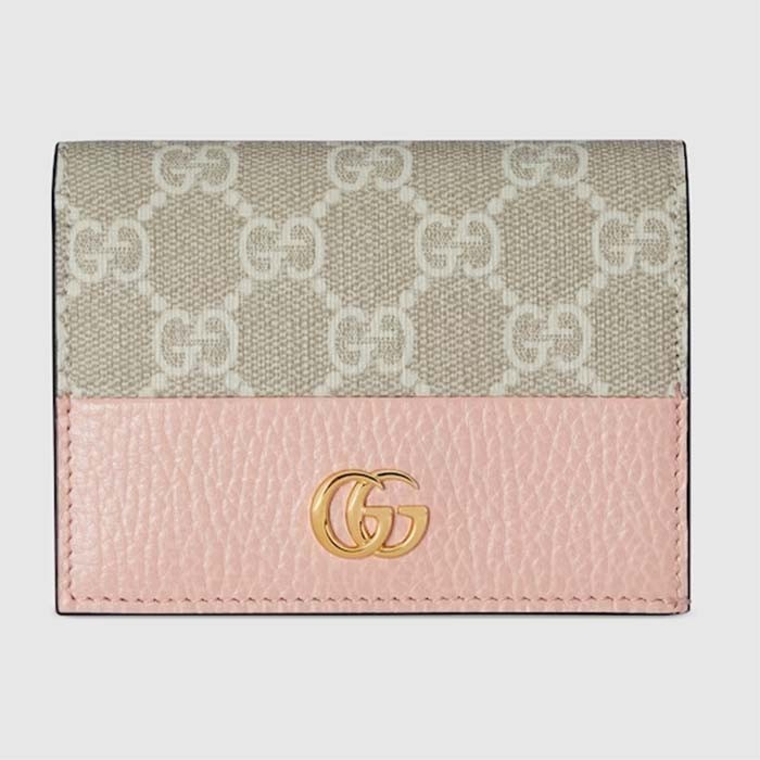 Gucci Unisex GG Marmont Card Case Wallet Double G Pink White GG Supreme Canvas Pink Leather Style ‎658610 AACFE 5945