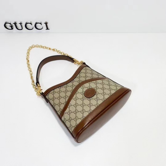 Gucci Women Large Shoulder Bag Interlocking G Beige Ebony GG Supreme Canvas