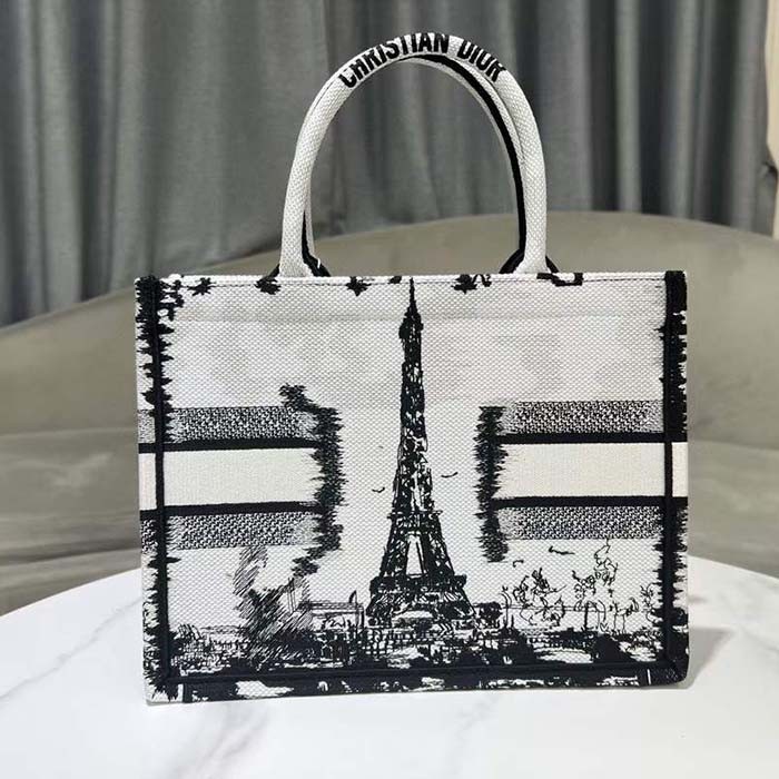 Dior Women CD Medium Dior Book Tote White Black Paris Embroidery