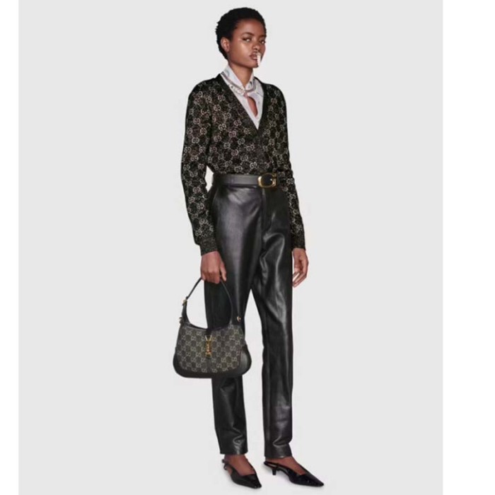 Gucci Unisex Jackie 1961 Small Shoulder Bag Black Ivory GG Denim Jacquard