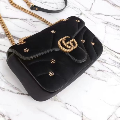 Gucci Women GG Marmont Small Shoulder Bag Black Quilted Chevron Velvet Leather Double G