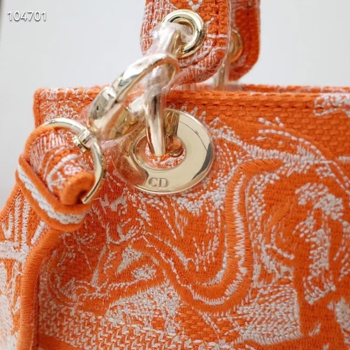 Dior Women Medium Lady D-Lite Bag Fluorescent Orange Toile De Jouy Reverse Embroidery