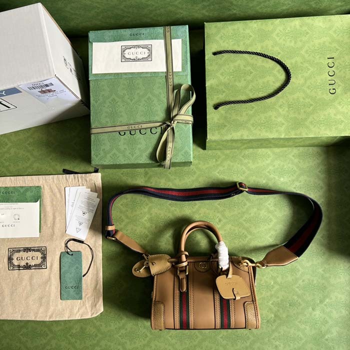 Gucci Unisex GG Mini Top Handle Bag Double G Light Brown Smooth Leather