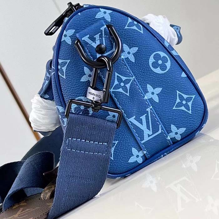 Louis Vuitton LV Unisex Keepall Bandoulière 25 Atlantic Blue Monogram Coated Canvas Cowhide Leather