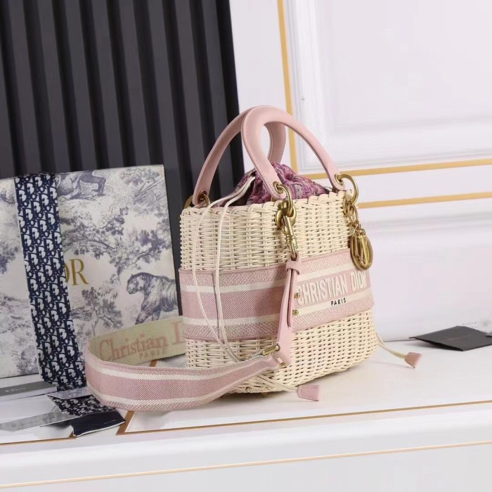 Dior Women CD Medium Lady Dior Handbag Natural Wicker Fluorescent Pink Oblique Jacquard