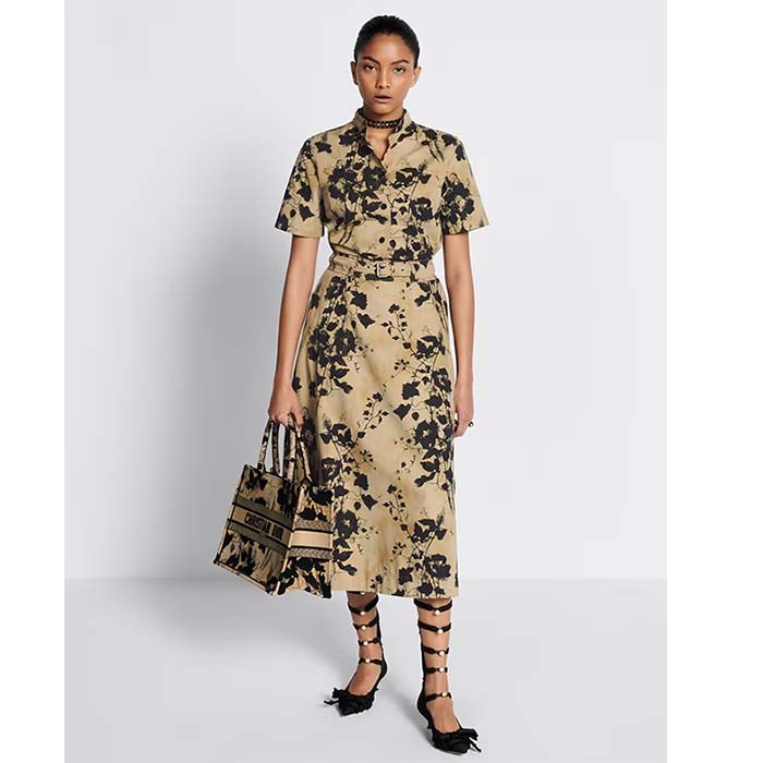 Dior Women CD Medium Dior Book Tote Beige Black Fleurs Mystiques Embroidery