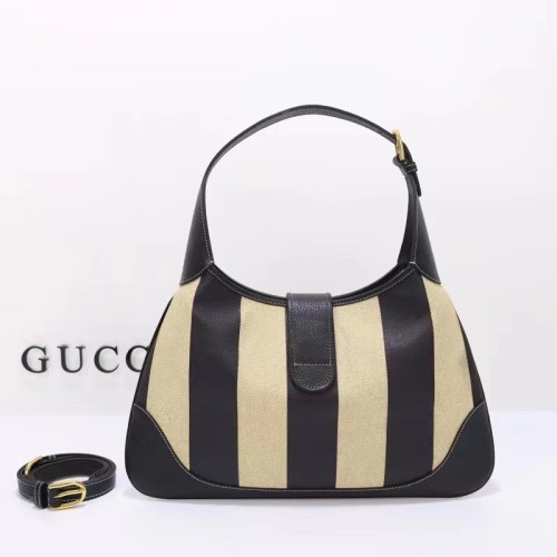 Gucci Women GG Aphrodite Medium Shoulder Bag Beige Black Cotton Canvas Black Leather