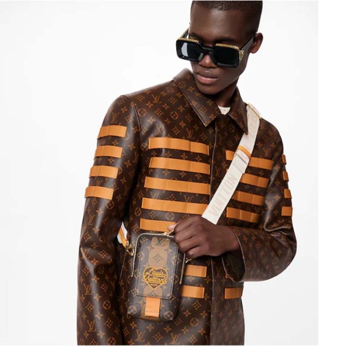 Louis Vuitton LV Unisex Flap Double Phone Pouch Monogram Stripes Brown Coated canvas