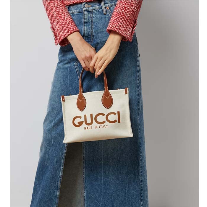Gucci GG Unisex Mini Tote Bag Print Beige Cotton Linen Canvas Light Brown Leather