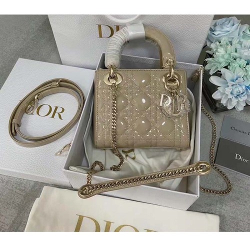 Dior Women CD Mini Lady Dior Bag Pale Yellow Patent Cannage Calfskin