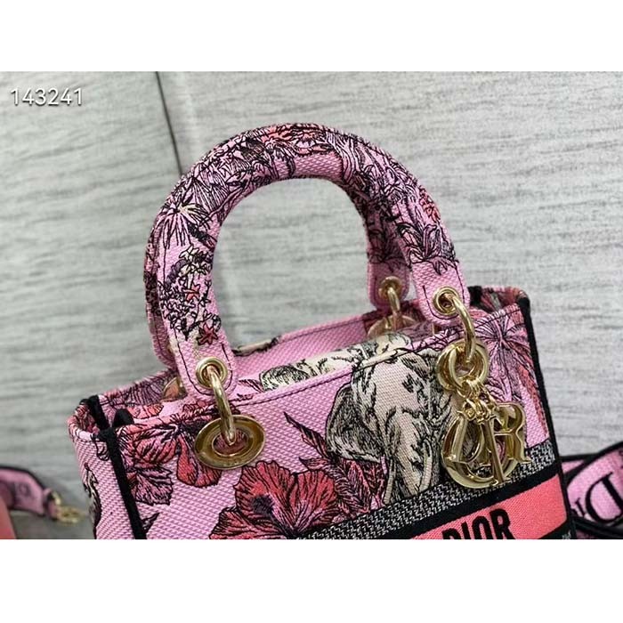 Dior Women CD Medium Lady D-Lite Bag Pink Multicolor Toile De Jouy Voyage Embroidery