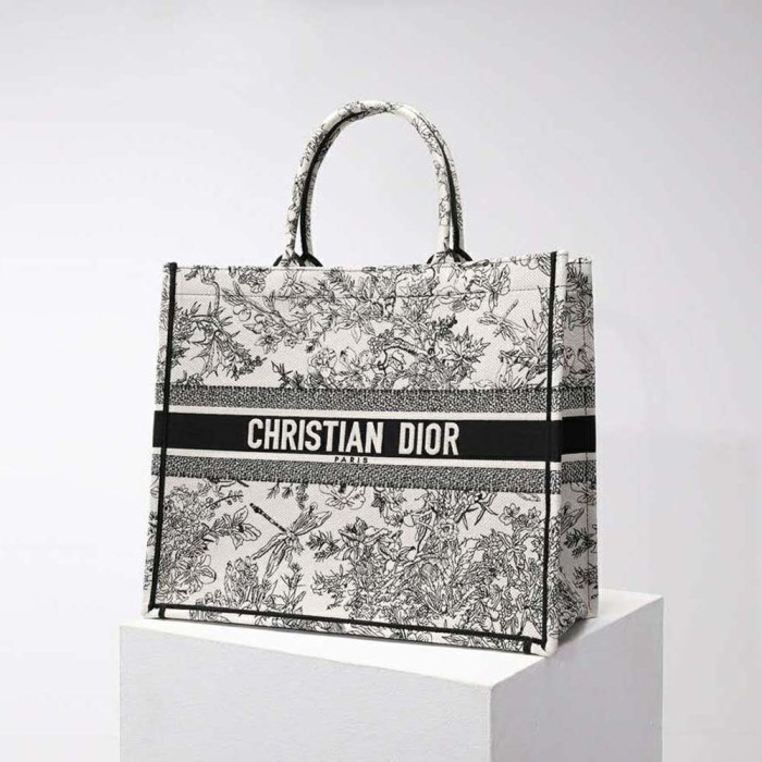 Dior Women Large Dior Book Tote Blue Toile De Jouy Flowers Embroidery