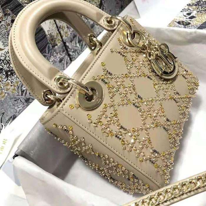 Dior Women Mini Lady Dior Bag Metallic Cannage Calfskin Platinum Beaded Embroidery