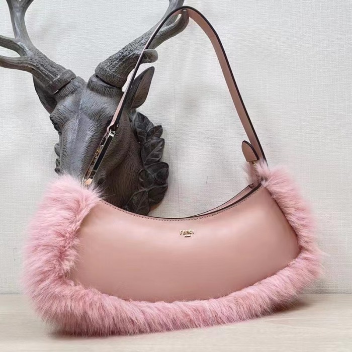 Fendi Women FF O’Lock Swing Pale Pink Leather Fox Fur Pouch