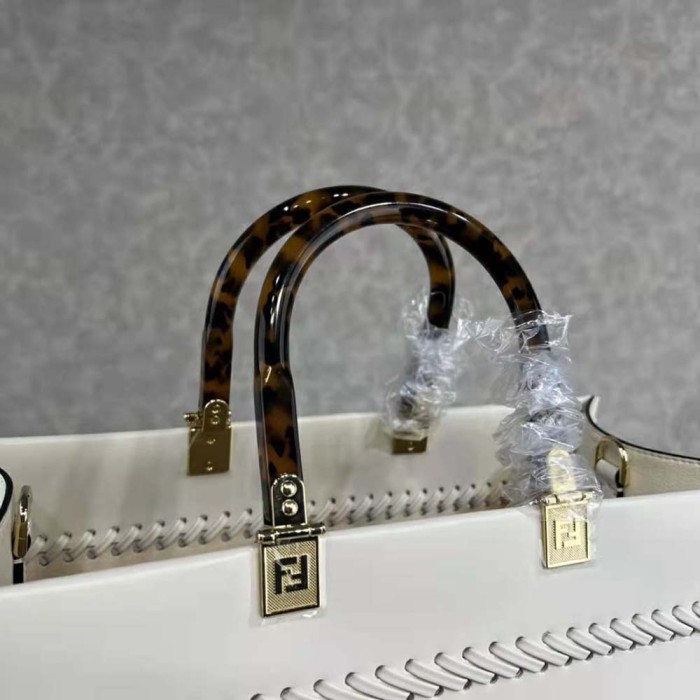 Fendi Women Sunshine Medium White Leather Shopper with Decorative Stitching