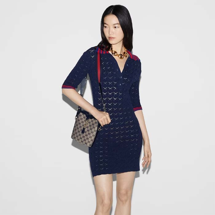 Gucci Unisex Original GG Small Bucket Shoulder Bag Beige Blue Canvas