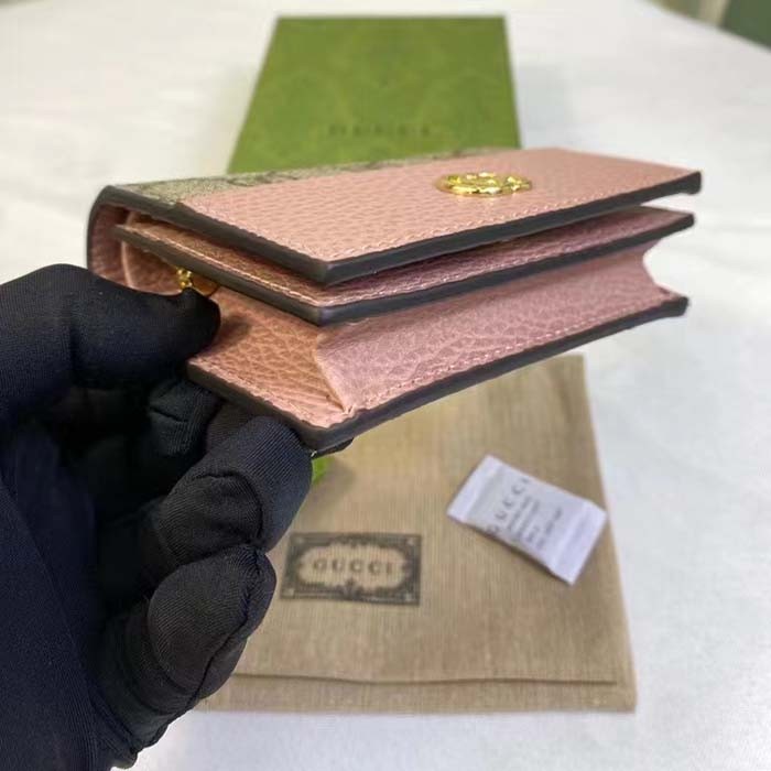 Gucci Women GG Marmont Card Case Wallet Pink Double G Beige Ebony Supreme Canvas