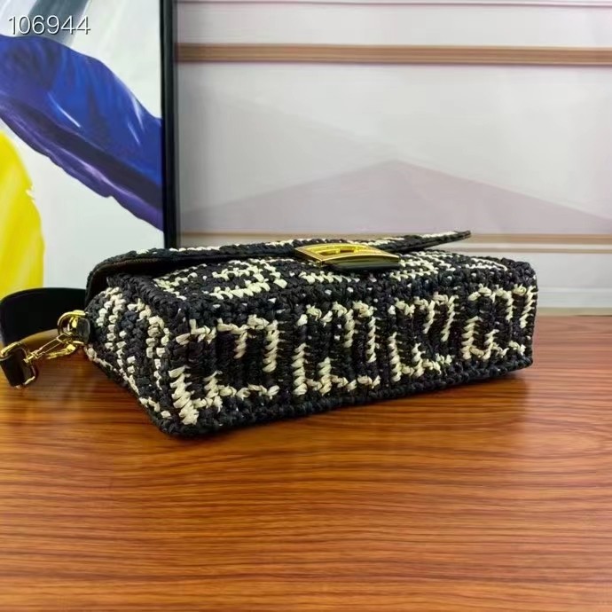 Fendi Women FF Baguette Black Raffia Back Crocheted FF