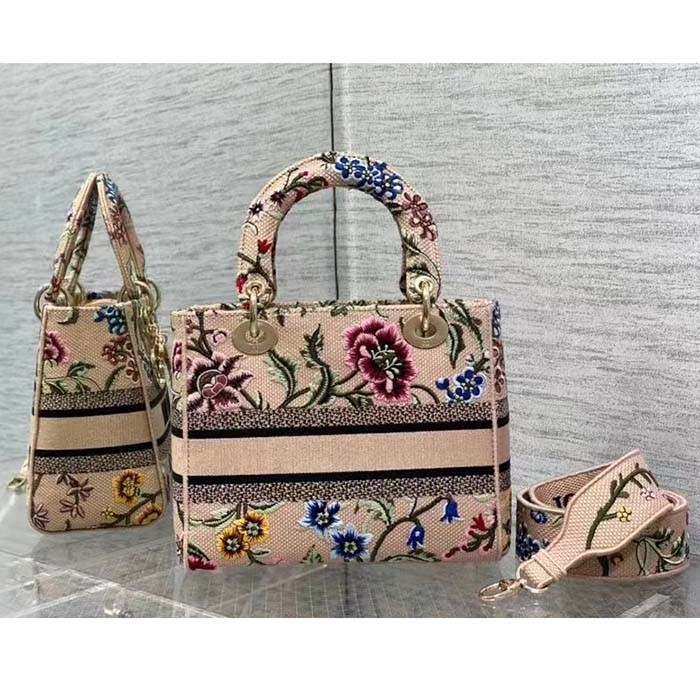 Dior Women CD Medium Lady D-Lite Bag Multicolor Raffia Embroidered Petites Fleurs