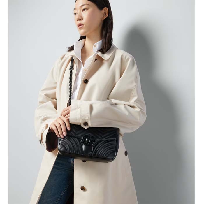 Gucci Women GG Marmont Small Shoulder Bag Black Matelassé Chevron Leather Interior Zipper Pocket