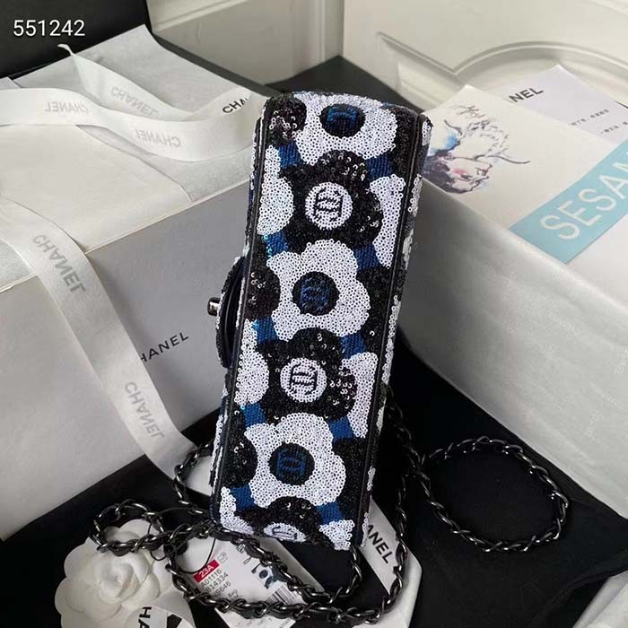 Chanel Women CC Small Flap Bag Sequins Ruthenium-Finish Metal Black White Blue