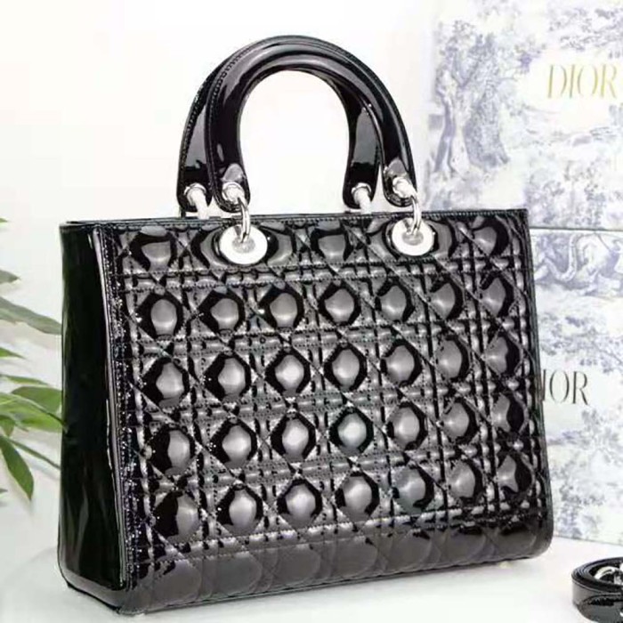 Dior Women Large Lady Dior Bag Black Patent Cannage Calfskin
