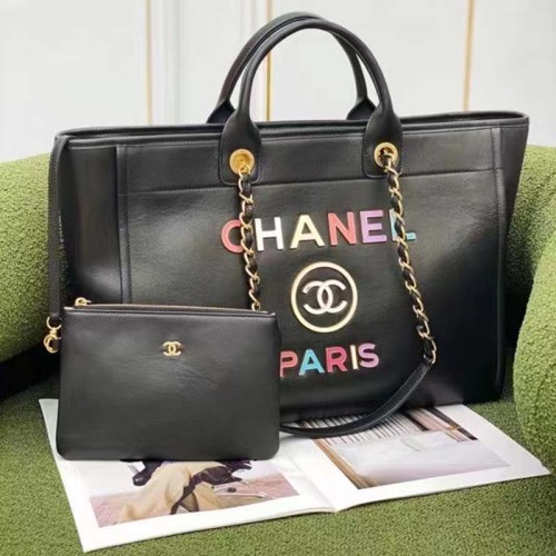 Chanel Women CC Large Shopping Bag Calfskin Aged Gold-Tone Metal Black