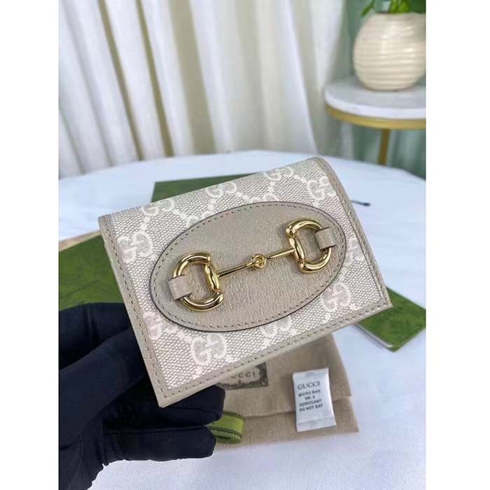 Gucci Unisex Horsebit 1955 Card Case Wallet Beige White GG Supreme Canvas