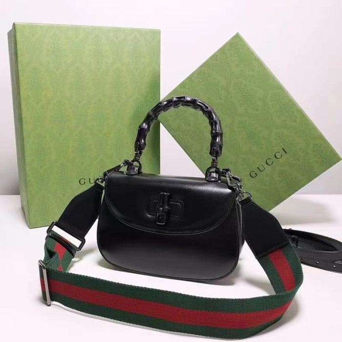 Gucci Women GG Bamboo 1947 Small Top Handle Bag Black Leather Bamboo Hardware