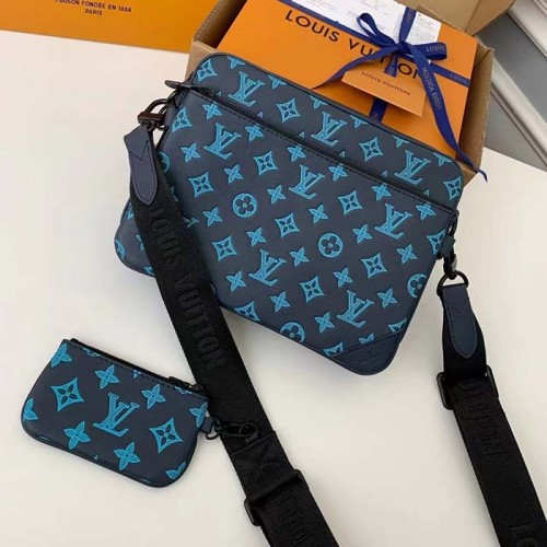Louis Vuitton LV Unisex Trio Messenger Navy River Blue Calf Leather Textile Lining
