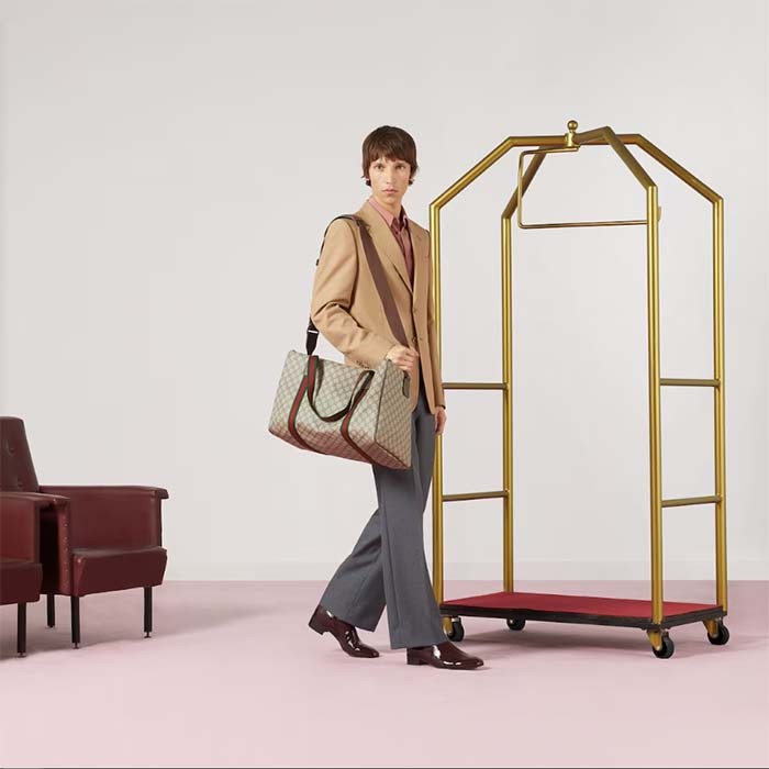 Gucci Unisex Large Duffle Bag Web Beige Ebony Soft GG Supreme Zip Closure