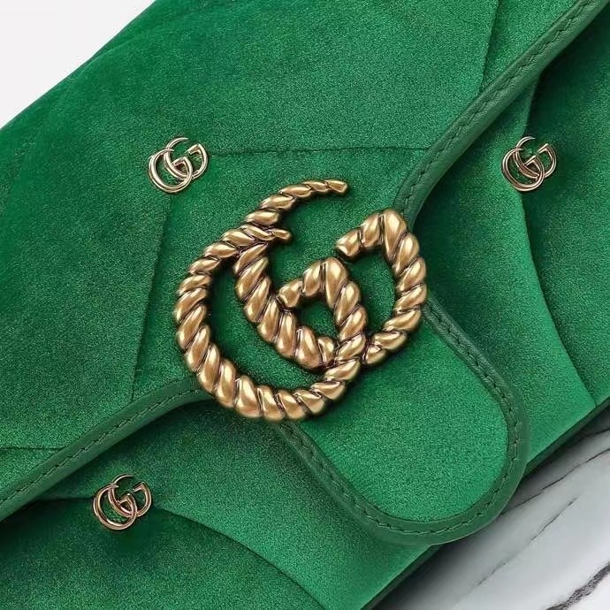 Gucci Women GG Marmont Mini Shoulder Bag Green Quilted Chevron Velvet Leather Double G