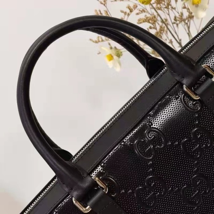 Gucci Unisex GG Embossed Briefcase Bag Black GG Embossed Leather