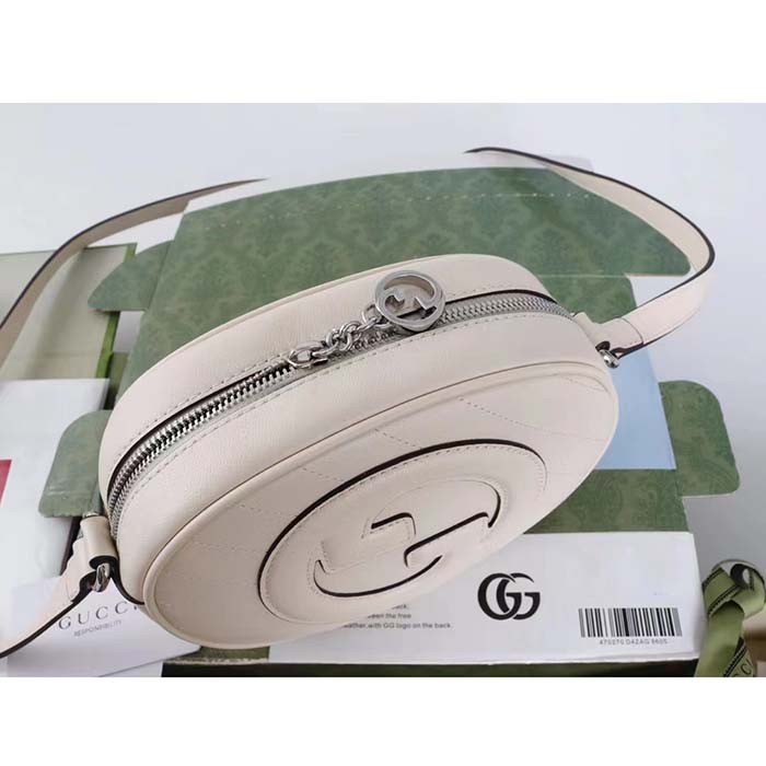 Gucci Women GG Blondie Mini Shoulder Bag White Leather Round Interlocking G Patch