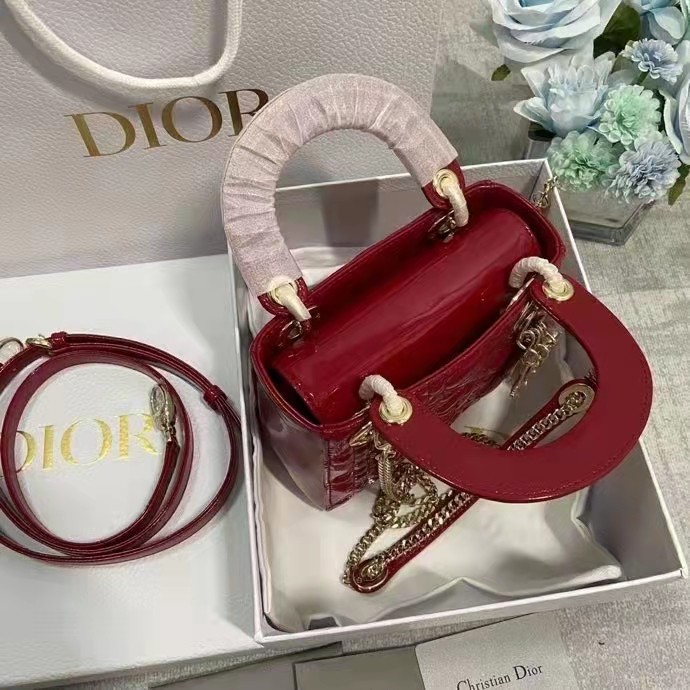 Dior Women CD Mini Lady Dior Bag Cherry Red Patent Cannage Calfskin