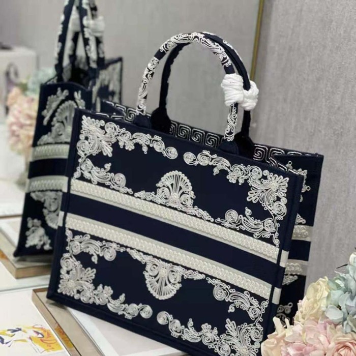 Dior Women Large Dior Book Tote Blue and White Cornely-Effect Embroidery