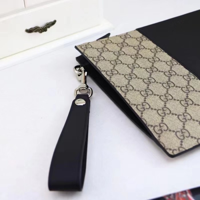 Gucci Unisex GG Supreme Pouch Beige Ebony GG Supreme Canvas Black Leather