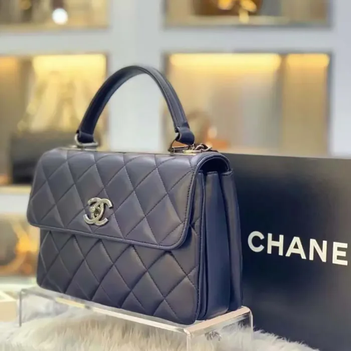 Chanel Women Mini Flap Bag with Top Handle Lambskin-Navy