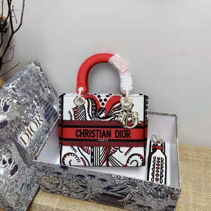 Dior Women Medium Lady D-lite Bag Latte Multicolor Cupidon Embroidery