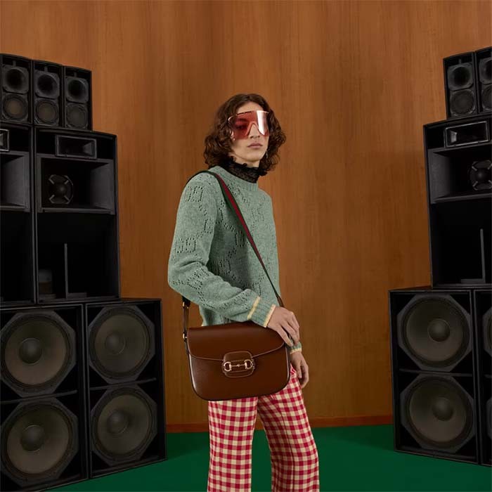 Gucci GG Unisex Horsebit 1955 Shoulder Bag Brown Leather Green Red Web