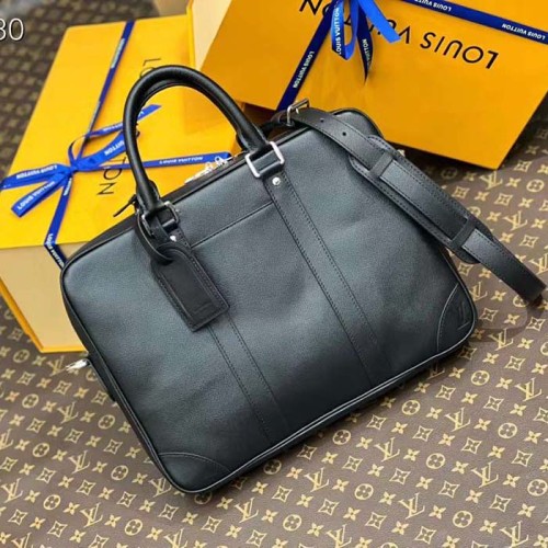 Louis Vuitton LV Unisex Porte-Documents Voyage PM Black Taiga Noir Cowhide Leather