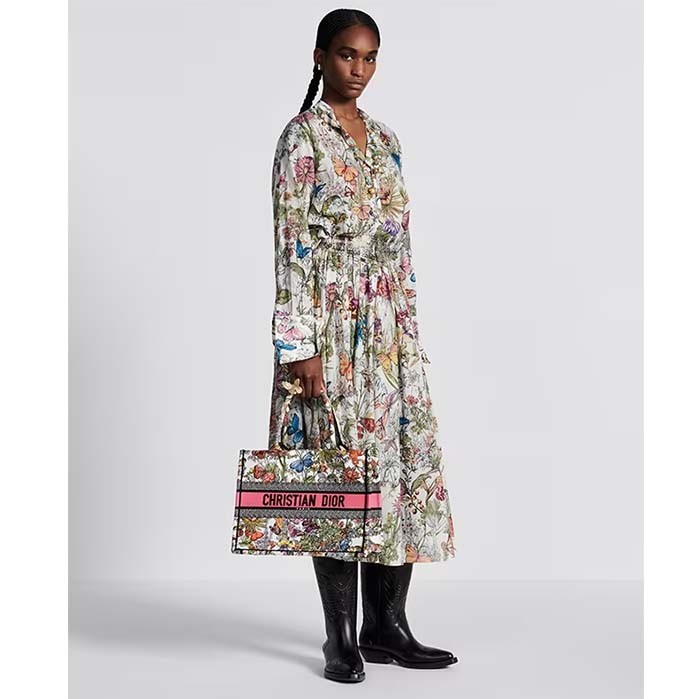 Dior Women CD Medium Book Tote White Multicolor Mexico Millefiori Embroidery