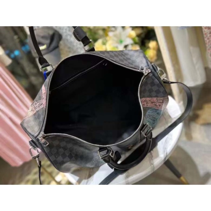 Louis Vuitton LV Unisex Keepall 50B Damier Graphite Stamps Coated Canvas