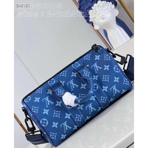 Louis Vuitton LV Unisex Keepall Bandoulière 25 Atlantic Blue Monogram Coated Canvas Cowhide Leather