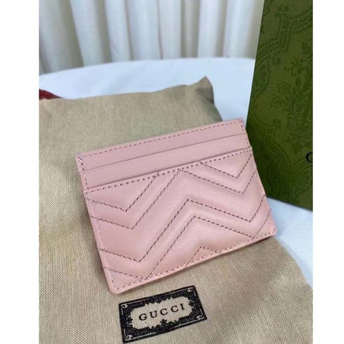 Gucci Unisex GG Marmont Matelassé Card Case Rose Beige Chevron Leather Double G