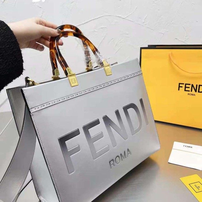 Fendi Women Fendi Sunshine Medium Silver Laminated Leather Shopper