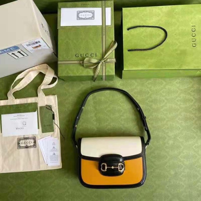 Gucci GG Women Gucci Horsebit 1955 Shoulder Bag Burnt Orange and White Leather