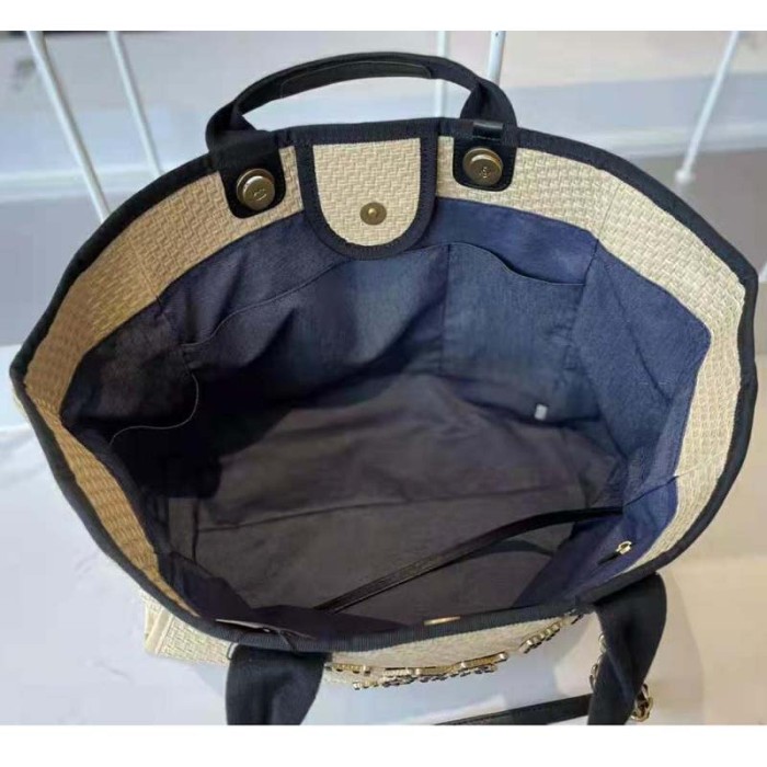 Chanel Women Large Shopping Bag Straw Calfskin & Gold-Tone Metal Beige & Black